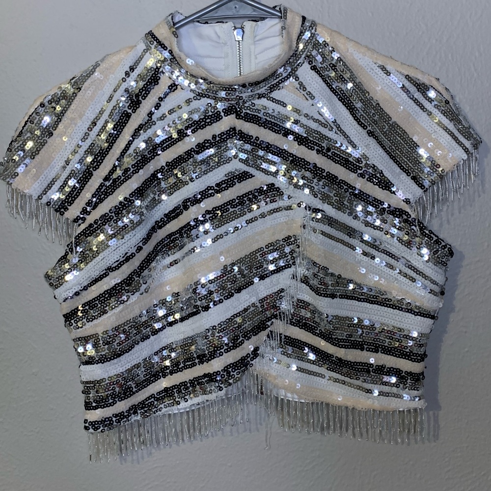 Sequin beaded crew neck crop top